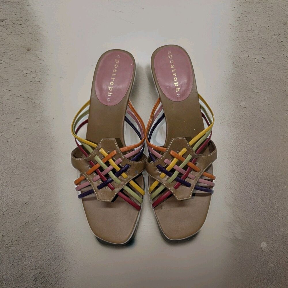 Apostrophe Ely Mine Woman's 8M Sandal Kitten Heels Tan Woven Multi Color Strips